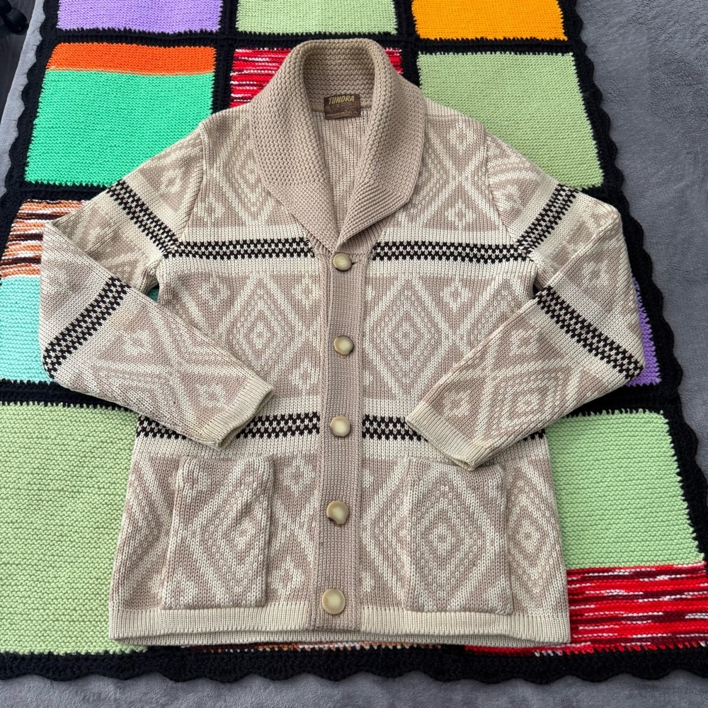 Vintage Tundra Cardigan knit sweater 100% wool brown cream women’s Large